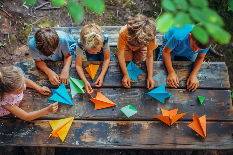 Kinderen vouwen gekleurde papieren vliegtuigjes aan een picknicktafel