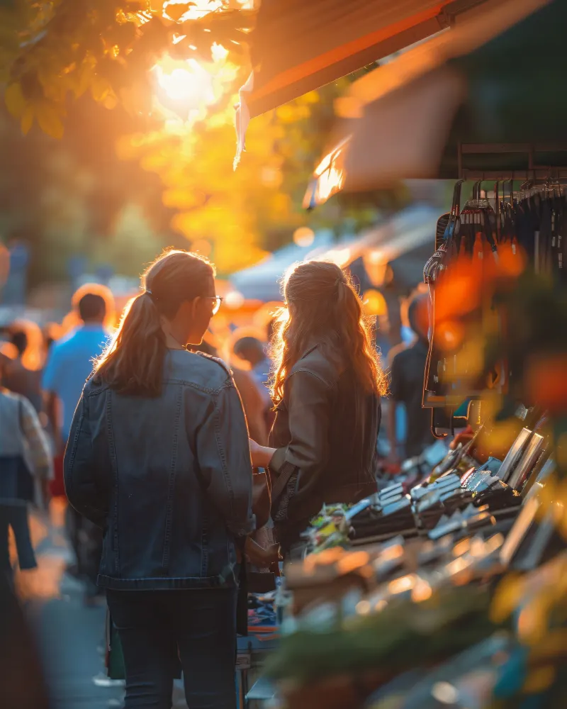 Twee vrouwen bij een kraam op een buurtmarkt in de avondzon